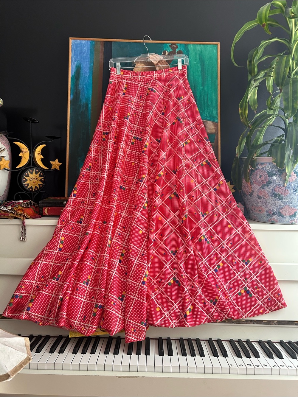 Vintage Pertini Montreal Red Maxi Skirt Geometric Print Made in Canada S